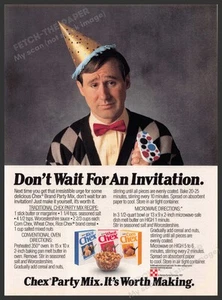 Chex Party Mix 1980s Print Advertisement 1987 Recipe Guy Party Hat Sad - Picture 1 of 1