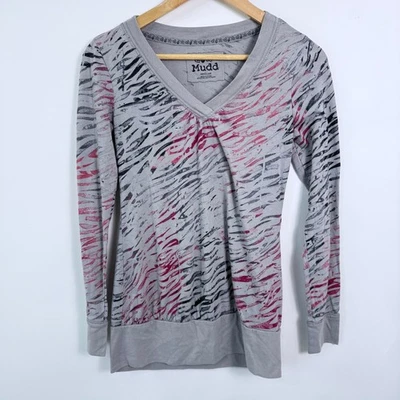 Camiseta Mudd Y2K Manga Larga Cuello en V Mujer Gris Mediana Estampado Cebra Elastizada Foto 1 de 4