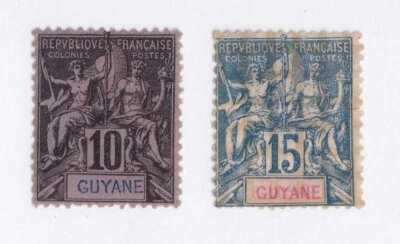 MATT'S STAMPS FRENCH GUIANA #37, #39 10- & 15-CENTIME 1892-1904 ISSUES, MH CV$46 - Image 1 of 3