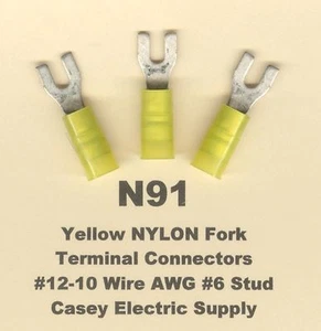 50 Yellow NYLON Insulated FORK Spade Connector #12-10 Wire Gauge AWG #6 Stud USA - Foto 1 di 2