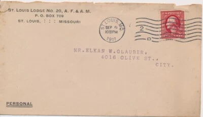 St. Louis Lodge No.20 Missouri Free & Accepted Masons 1911 Machine cancel cover - Image 1 of 2