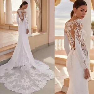 Wedding Dresses Sweep Train V-Neck Bridal Gowns Mermaid Applique Long Sleeves - Picture 1 of 13