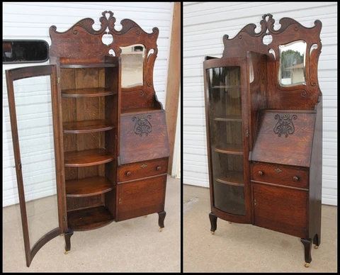 Antique Tiger Oak SidebySide Curved Glass Secretary Desk Bookcase Bevel Mirror Cover