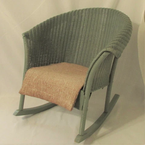 Vintage Green Wicker Child's Rocking Chair with Metal Seat & Cushion Cover