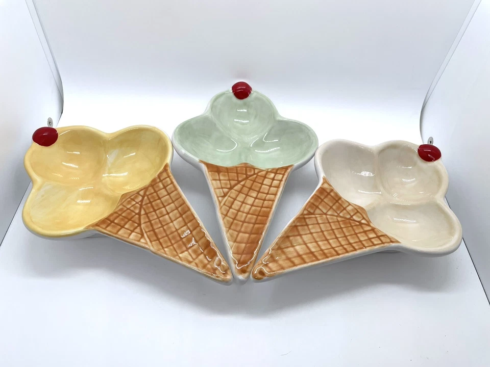 WILLIAMS-SONOMA Ice Cream Serving Dishes Figural Waffle Cone Shape Set 3 EUC - Image 1 of 4