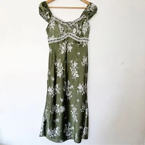 Y2K Inspired Hearts 90s Midi Dress Gr. L Satin Green Floral Milkmaid Babydoll - Bild 1 von 8