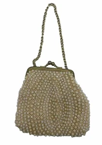 "Bolso de mano blanco vintage con cuentas con cierre de beso 4"" hecho en Hong Kong pequeño" - Imagen 1 de 8
