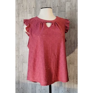 Perseption Concept Woman's Red Open Lace Tank Top Size XL Keyhole neck Ruffles - Picture 1 of 9