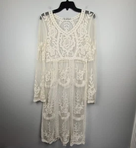 Mango Suit Women's Ivory Lace Dress XS Midi Festival Boho Floral Long Sleeve - Picture 1 of 6