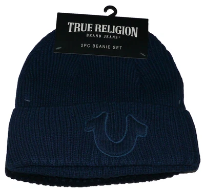 NUEVO True Religion Hombres 2 Pk Azul Marino Tejido Gorro Sombreros Herradura Logo Foto 1 de 4