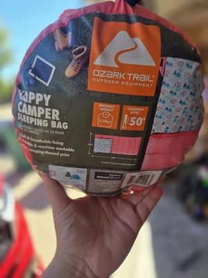 Ozark Trail Happy Camper 50F Sleeping Bag Salmon Pink w/ Tents & Campers SO Cute - Image 1 of 4