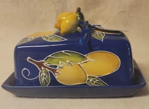 Blue Sky Clayworks Heather Goldmic lemon juice navy blue yellow butter dish - Picture 1 of 10
