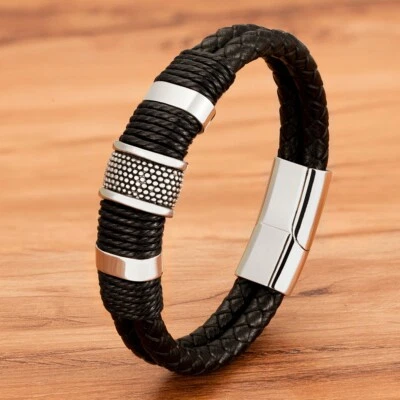 Pulsera clásica de cuero de acero inoxidable estilo envoltura cuerda tejido para hombre Foto 1 de 4