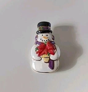 Vintage Pin Brooch Ceramic Enamel Snowman with Poinsettia Ear Muffs  - Picture 1 of 9