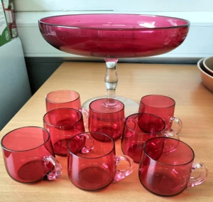 Antique Cranberry Glass Punch Bowl with 8 x Cups - Victorian Era - VGC - Picture 1 of 7
