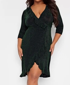 Yours London Bnwt Size 16 Green Shimmer Glitter Ruffle Dress Stretchy - Picture 1 of 3