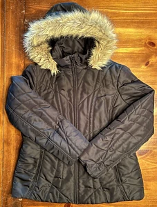 Women's Black Weather Tamer Jacket Coat Faux Fur Trim Hood Size L VGC - Picture 1 of 7
