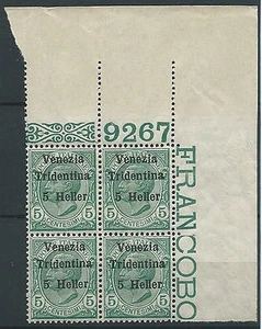 1918 TRENTINO EFFIGIE 5 H NUMERO DI TAVOLA QUARTINA LUSSO MNH ** - ED765 - Picture 1 of 1