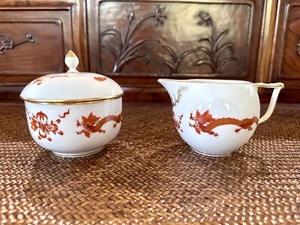 Sugar Bowl & Creamer 1st Meissen Red Dragon Gold Trim Crossed Swords - Picture 1 of 12