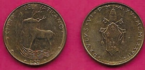 VATICAN CITY 20 LIRE 1975 UNC POPE PAVLV VI ARMS DATE TO THE RIGHT,RED DEER,CROW - Picture 1 of 1