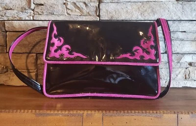 Accents Sharif Black Patent Leather Shoulder Bag Pink Suade Trim Cut Out New  - Image 1 of 4