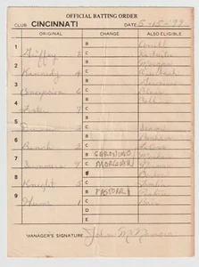 5-15-79 Cincinnati Reds Game Used Umpire Lineup Card - Johnny Bench & Joe Morgan - Picture 1 of 2