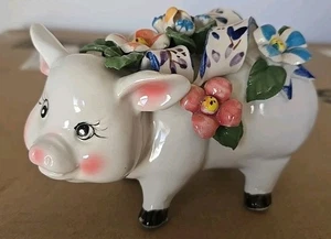 Vintage Keramik Schwein Figur mit Blume 3D auf Rückseite - Bild 1 von 9