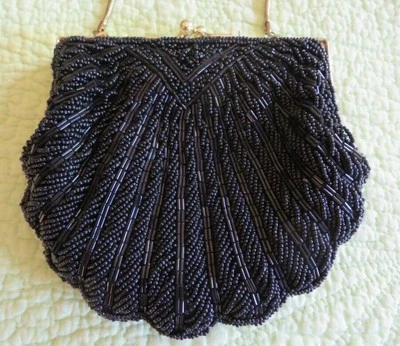 Vtg Retro Elegant BEADED Clam SHELL Shape Clutch PURSE w/ Strap Bead Fancy - Image 1 of 4