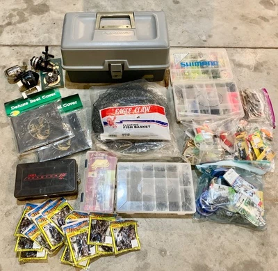 Large Fishing Supplies Lot Lures, Cases, Hooks, Reels, Tackle Box, Creel, Bags. - Image 1 of 4