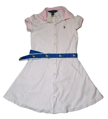 Polo Ralph Lauren Niñas Talla 6 Rayas Rosa y Blanco Cinturón Abotonado Camisa Vestido Foto 1 de 4