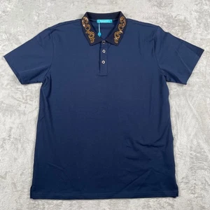Perruzo Men's Navy Blue Stretch Polo Shirt L Embellished Collar Short Sleeve - Picture 1 of 6
