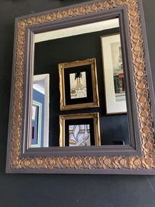 Upcycled, Painted & Wax Finished Wall Mirror. Grey & Gold. Carved Flower Detail - Picture 1 of 7