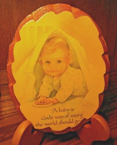 Vtg Oval-Shaped Hand-Carved Wooden Wall Mount Picture-Baby Christian Quote 122 - Picture 1 of 3