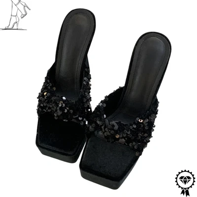 Black Womens Square Toe Street Style Super High Heels Slippers Platform Shoes - Image 1 of 4
