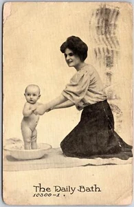 The Daily Bath, 1907 Mother and Baby, Cute Little One on a Tub, Vintage Postcard - Picture 1 of 2