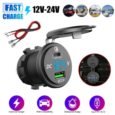 USB C Car Charger QC3.0 & 46W PD Type C 12V 24V USB Marine Boat Outlet Socket - Image 1 of 4