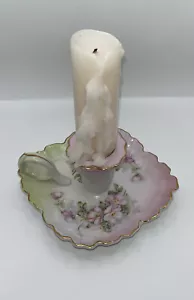 Vintage Nippon Hand Painted Flowers Green Pink Square Candle Holder With Handle - Picture 1 of 9