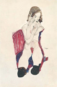 Egon Schiele Sitzendes M?dchen mit schwarzen Str?mpfen und vorgehaltenen H?nden - Bild 1 von 4
