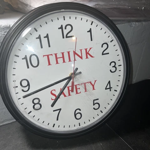 14" Quartz Wall Clock "Think Safety" Industrial Clock Domed Lens Cover