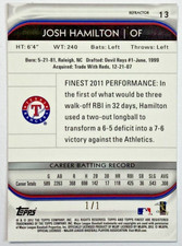 Josh Hamilton 2012 Topps Finest Super-fractor /1 From JP