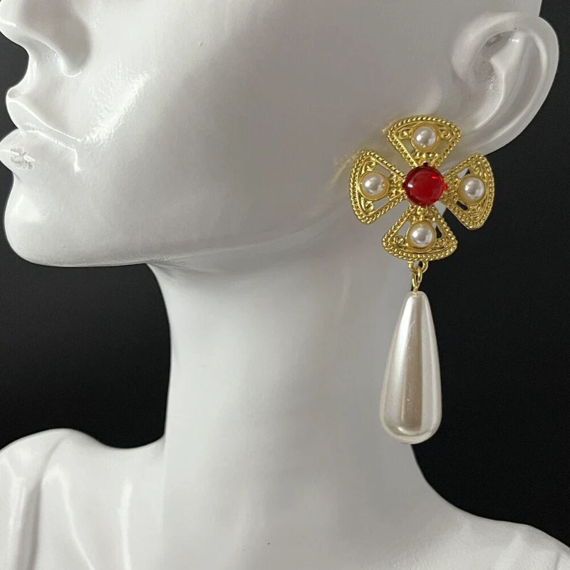 Cross Earrings Faux Pearl Dangle Drop Gold Red Mogul Pierced - Image 1 of 4