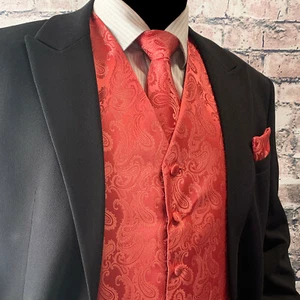 Classic Men Paisley Design Dress Vest and Neck Tie Hankie Set For Suit or Tuxedo - Picture 1 of 14