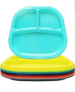 9 Plates 3-Compartment Divided Plastic Kids Children Tray Multicolor BPA Free - Picture 1 of 11