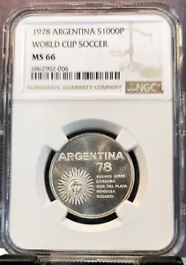 1978 ARGENTINA SILVER 1000 PESOS S1000P WORLD CUP SOCCER NGC MS 66 GEM BU BEAUTY - Picture 1 of 3