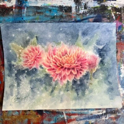 Original Painting Chrysanthemum floral watercolor home Decor artwork Artettina - Image 1 of 4