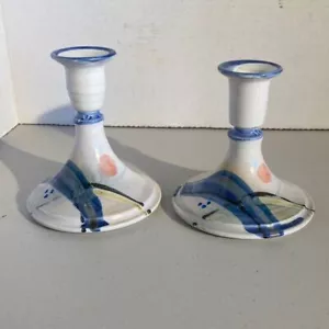 Artisan Handmade Vintage 80s White Pastel Earthenware Taper Candlestick Holders - Picture 1 of 11