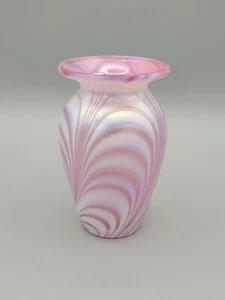 Art Glass Handblown Pink Iridescent White Swirl Bud Vase Pulled Feather - Picture 1 of 7