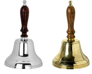 Large School Reception Bell Dinner Hand Bell Wooden Handle - Chrome or Brass - Picture 1 of 3