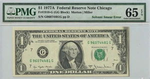 1977A $1 FRN Chicago Fr# 1910-G PMG Gem65 EPQ Solent Smear Error - Picture 1 of 2
