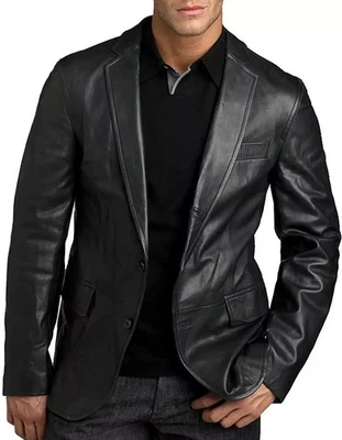 Men’s Genuine Lambskin Coat – Black Leather Two-Button Slim Fit Blazer - Image 1 of 3